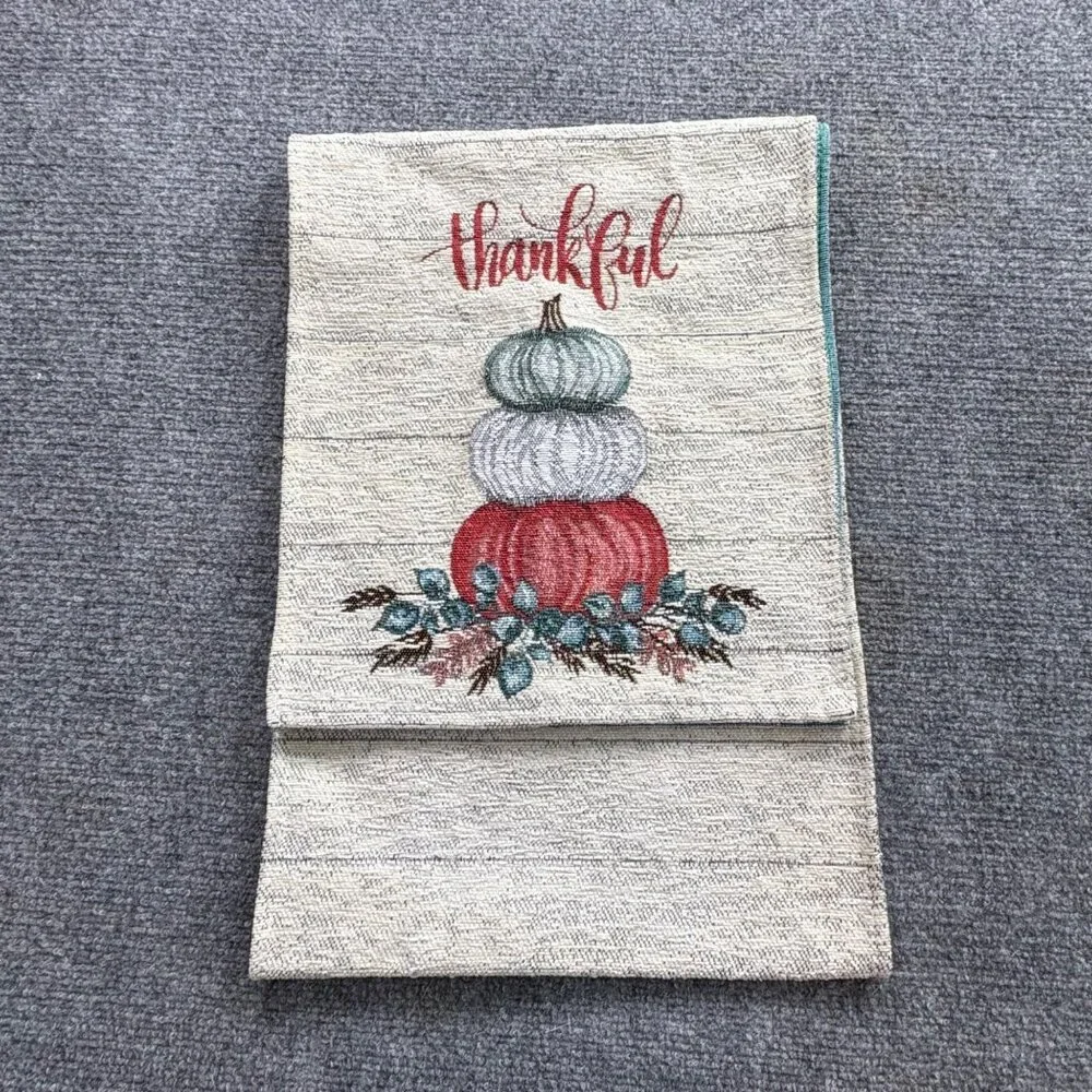 Thankful Fall Harvest Table Runner 69x13‎ Pumpkins Woven Tapestry Farmhouse Cozy